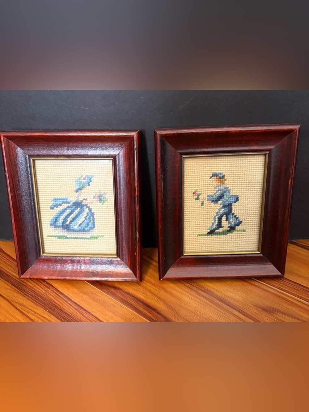 Vintage 1940s Framed Needlepoint Pair Boy & Girl in Blue Clothes Wood Frame Art